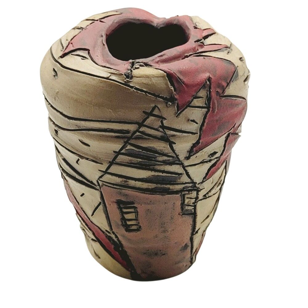 Hand-made Brutalist Sculpted Design Vase Etched House Each Side 4" High 1970s